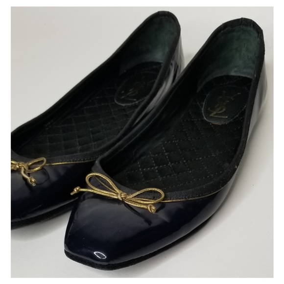 YSL Navy Patent Leather Shiny Bow Ballet Flats - Picture 4 of 8